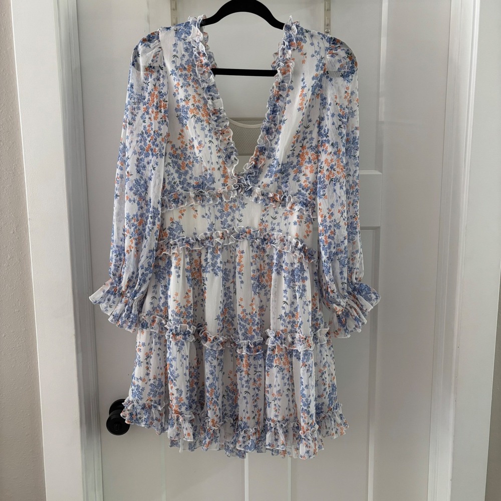 Cottagecore Angel Biba White Floral Ruffle Mini Dress open back long sleeve S